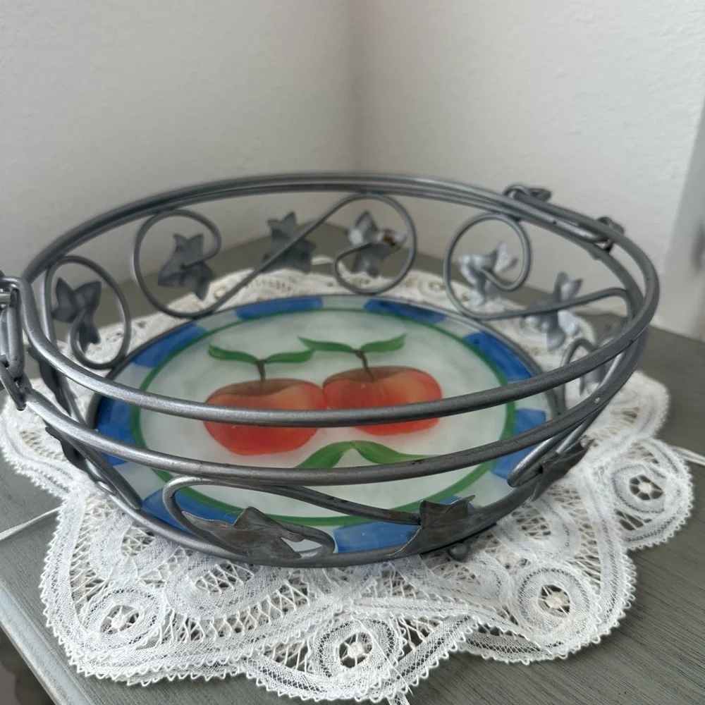 Vintage Metal Frame Glass Bottom Tray Bowl Hand Painted Apples Farmhouse
